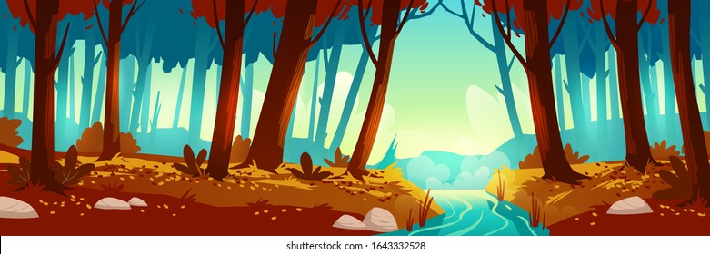 River flowing through autumn forest. Vector background of nature landscape with orange trees, leaves fall and water stream. Cartoon illustration of wild park or garden with bushes and brook