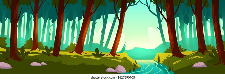 River flowing through forest. Vector background of nature landscape with green trees, grass and water stream. Cartoon illustration of jungle, wild park or garden with bushes and brook