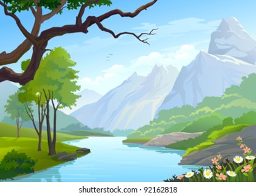 RIVER FLOWING THROUGH HILLS AND MOUNTAIN