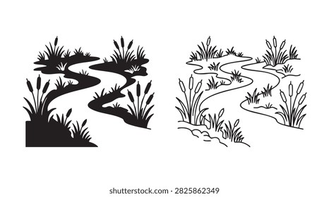 River Flowing Through Marshland Black Silhouette Outline Art Vector Icon Design Black Black Silhouette And Outline Art Vector Icon
