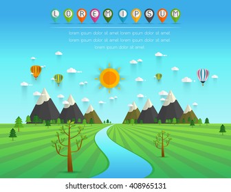 a river flowing through mountains, hills and through scenic green fields, vector illustration.