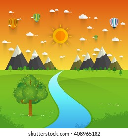 a river flowing through mountains, hills and through scenic green fields, vector illustration.