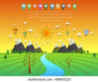a river flowing through mountains, hills and through scenic green fields, vector illustration.