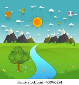 a river flowing through mountains, hills and through scenic green fields, vector illustration.