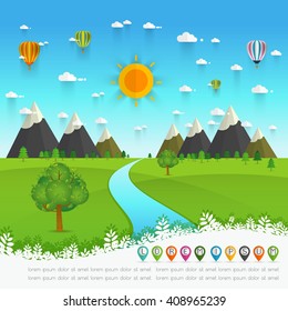 a river flowing through mountains, hills and through scenic green fields, vector illustration.