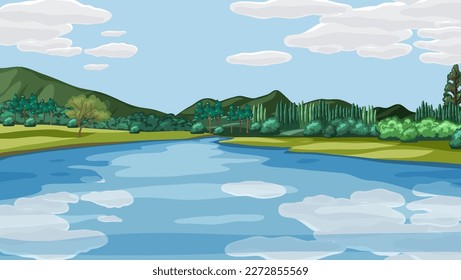 Ilustración del paisaje fluvial del río a través de la naturaleza