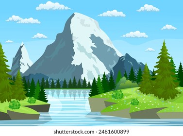 Fluss fließt durch die felsigen Hügel. Sommerlandschaft mit Bergen. Fluss und Wald, Naturlandschaft. Vektorillustration