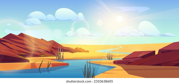 River flowing through Sahara desert. Vector cartoon illustration of hot sandy dunes landscape, stones on bank, green plants growing near water, sunlight flaring in air, blue sky with white clouds