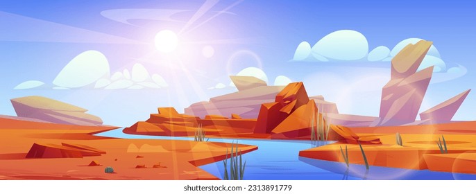 River flowing through Sahara desert. Vector cartoon illustration of hot sandy dunes landscape, stones on bank, green plants growing near water, sunlight flaring in air, blue sky with white clouds