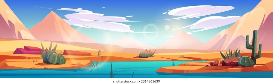 River flowing through Sahara desert. Vector cartoon illustration of hot sandy dunes landscape at sunny day, stones on bank, green cacti plants growing near water, sunlight flaring in air, cloud in sky