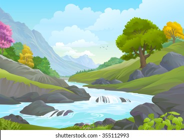 A river flowing throw a rocky terrain and the meadows