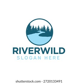 Río que fluye con la Ilustración vectorial del diseño del logotipo de la forma del círculo de la silueta del árbol