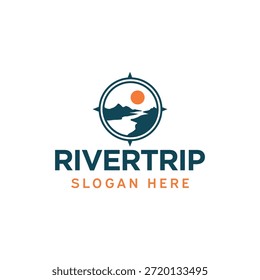 Río que fluye con la silueta del árbol y la Ilustración vectorial del diseño del logotipo de la forma del círculo del sol