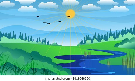 the river flows among the fields and hills against the background of the forest, the sky with the sun, clouds, silhouettes of flying birds. summer natural landscape. vector
