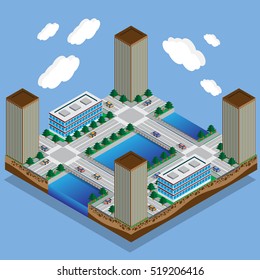 The river flows in the city. Part of the map. Isometric. Vector illustration. 