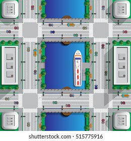 The river flows in the city. View from above. Vector illustration