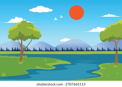 El río fluye desde la montaña, tierra verde bajo la montaña, Vector de pinos. Paisaje de verano con árbol, río, nubes. Paisaje de montaña con río, árboles. Póster de fondo de paisaje de montaña