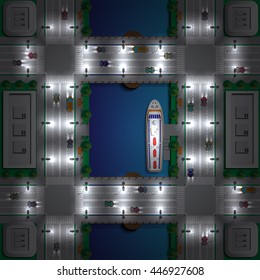 The river flows in the night city. View from above. Vector illustration.