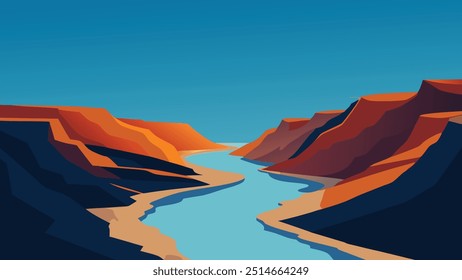 River flows through a canyon beneath a cloudy sky, showcasing the natural beauty of the landscape, flat vector illustration