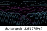 The river flows through the forest to the mountains and sunset background in neon outline style. Evening abstract horizontal landscape.