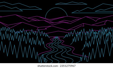 The river flows through the forest to the mountains and sunset background in neon outline style. Evening abstract horizontal landscape.