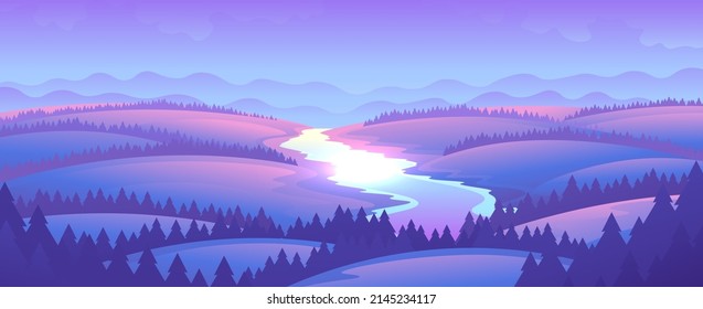 River flows through the hills on mountains background. Beautiful evening horizontal rural landscape.