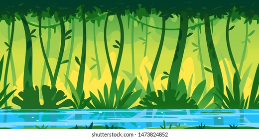 River flows through the jungle around different plants and trees with lianas game background tillable horizontally, wildlife of tropical forest flooded with water, illustration of equatorial jungle