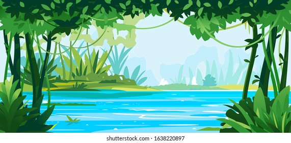 River flows through the jungle around different plants and trees with lianas, wildlife of tropical forest flooded with water, illustration of equatorial jungle