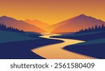 River flows through a lush field, illuminated by the warm hues of sunrise flat vector illustration natural background