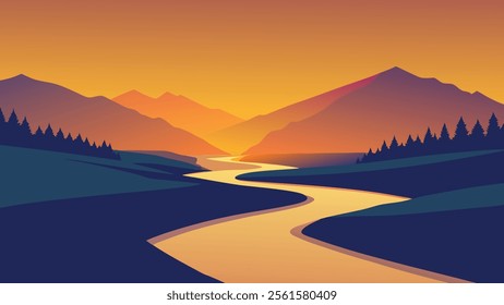 River flows through a lush field, illuminated by the warm hues of sunrise flat vector illustration natural background