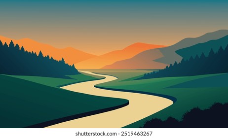 El río fluye a través de un exuberante campo verde, iluminado por los tonos cálidos de una puesta de sol en la Ilustración vectorial plana de fondo