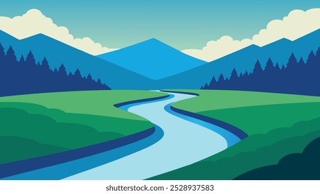 
River flows through a lush green field, bordered by vibrant trees under a clear blue sky flat vector illustration.