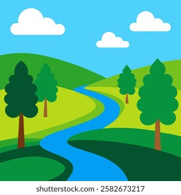 River flows through a lush green field, bordered by vibrant trees under a clear blue sky flat vector.