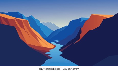 River flows through a majestic canyon, surrounded by towering mountains under a clear blue sky flat vector illustration Nature background