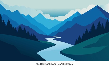 El río fluye a través de majestuosas montañas, rodeado de exuberantes árboles verdes, creando un pintoresco paisaje natural de Ilustración vectorial plana