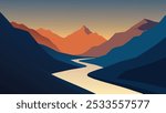 river flows through a rugged valley, surrounded by majestic mountains and rocky terrain flat vector illustration.