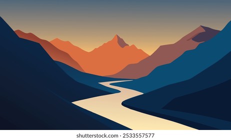 El río fluye a través de un valle escarpado, rodeado de majestuosas montañas y terreno rocoso de Ilustración vectorial plana.