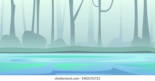 River in fog. View of trees. Scenery Landscape. Fun cartoon style. Vector