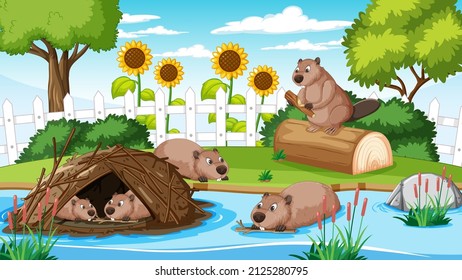 River in the forest with beaver family illustration