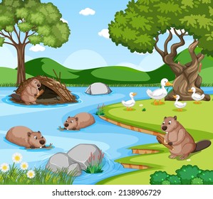 River in the forest with beavers and ducks illustration