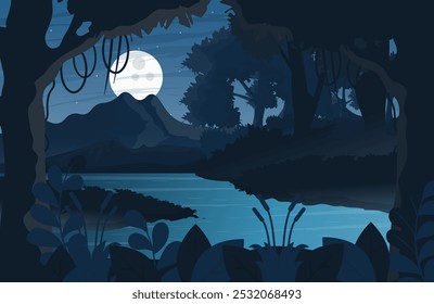 Floresta do rio em noite profunda. Paisagem rural da natureza com luar sobre reflexos de rio.  Ilustração vetorial.