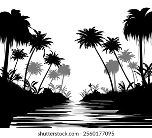 River in forest. Image of black silhouette isolated on white background. Vector tropical landscape. Plants in jungle. Southern thickets. Tall palm trees.