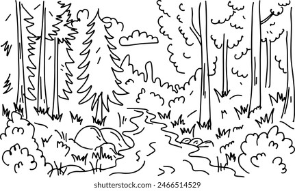 River in the forest. Landscape in Hand drawn doodle style. Vector illustration isolated on white. Coloring page.
