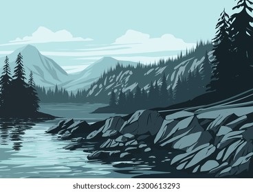 River and forest landscape with rocks and mountain in the background