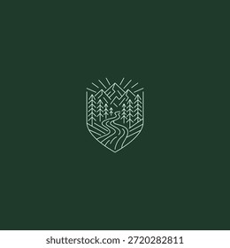 Fluss- und Waldlinie Kunstlogo symbolisiert Fluss, Wachstum und Harmonie.