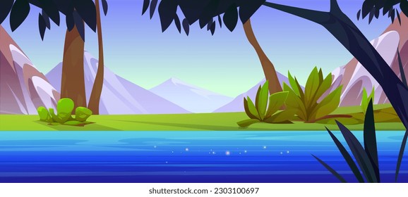 River in forest and mountain view landscape vector background. Summer green nature with lake water and sky beautiful cartoon illustration. Calm outdoor meadow panorama horizon with creek.