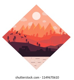 River with forest and mountains scenery vector flat style illustration forest lake camp sunset sunrise summer season autmn trees travel wildlife valley red sky landscape wood outdoor vector logo sun  