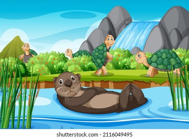 River in the forest with otter and tortoises illustration