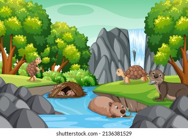 River in the forest with otter and tortoises illustration