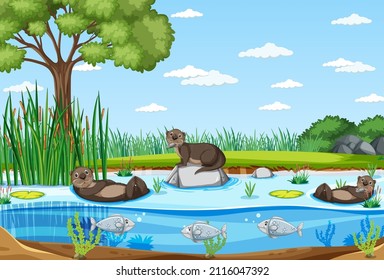 River in the forest with otters cartoon illustration